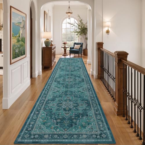 Washable Hallway Runner Rug 2'x10', Vintage Medallion, Boho Teal - Image 4