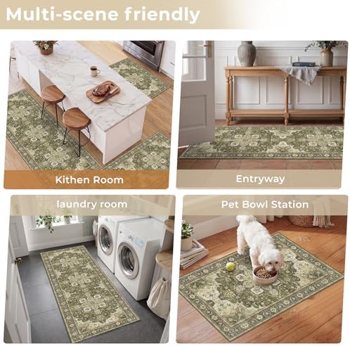 3 Piece Kitchen Rugs Sets with Runner, Washable Non Slip Soft Boho Kitchen Mats, Low Pile Stain Resistant Carpet for Hallway, Laundry Room, Entryway, Home Decor (20"x32"+20"x48"+20"x59", Olive Green) - Image 6
