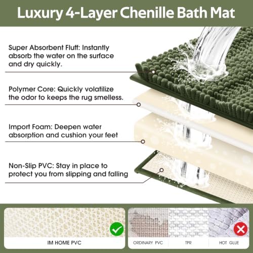 Christmas Striped Olive Green Bathroom Rug Mat Set 2 piece 32"x20"+24"x17" Ultra Soft, Non Slip Chenille Bath Rugs, Absorbent Plush Shaggy Bath Mats for Bathroom, Bedroom, Kitchen, Shower, Tub - Image 5