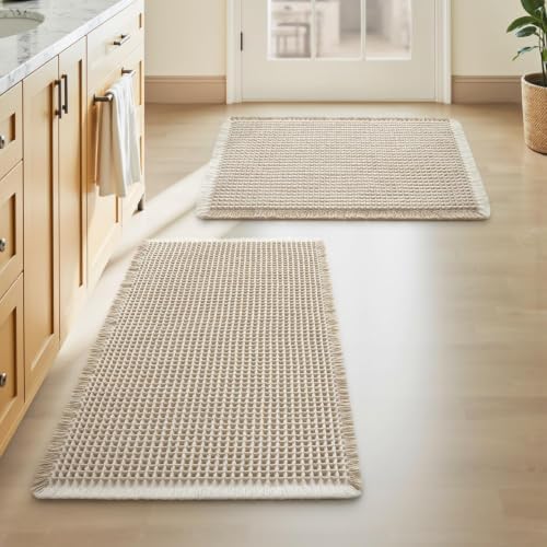 Upgraded Waffle Bath Mat Set of 2 Absorbent Non Slip Bathroom Mat 17" x 24" by AMOAMI