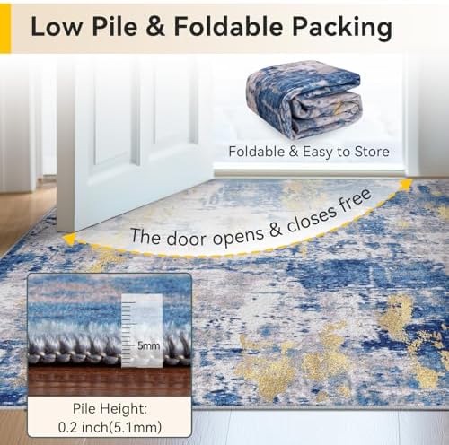 RELEANY Washable Square 6'x6' Area Rug for Living Room Blue Gold - Image 3