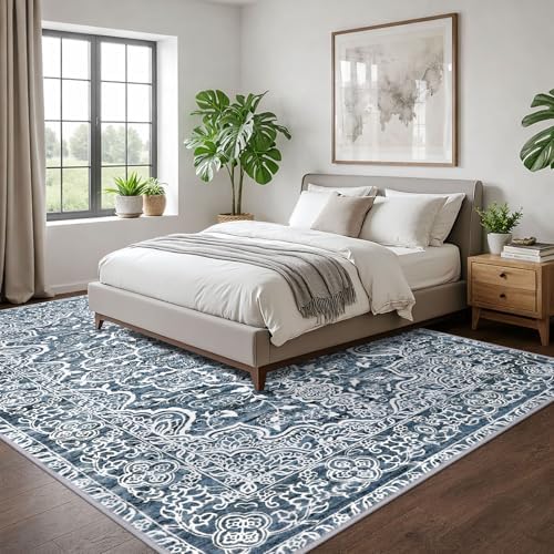 KUTA 9x12 Vintage Area Rug for Living Room Washable Large Rugs Blue White - Image 3