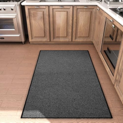 Area Rug with Non Slip Rubber Backing 3 * 5 ft, Washable Soft Floor Carpet for Living Room, Kitchen, Entryway Indoor, Bedroom, Laundry, Low Pile Area Rugs, Solid Color with Pointillism Style, Black by AREDO
