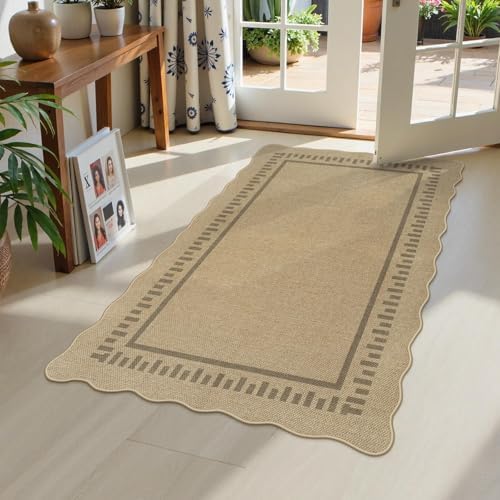 LIVEBOX Scalloped Washable 3x5 Outdoor Rug, Easy Jute Tan Rugs for Entryway Bedroom, Indoor Outdoor Non Slip Farmhouse Rugs for Patio Living Room, Geometric Carpet Front Door Mat for Porch Kitchen by LIVEBOX