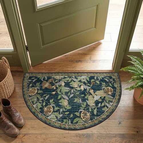 jinchan 2x3 Half Circle Floral Vintage Washable Entryway Rug, Blue/Green by JINCHAN