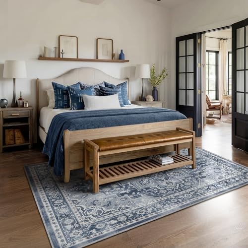 Blue Gray Living Room Rug 6x9, Washable Non Slip Transitional Medallion Rug for Dining Room Under Table, Modern Vintage Distressed Low Pile Thin Carpet Rugs for Den Bedrom Home Office - Image 4