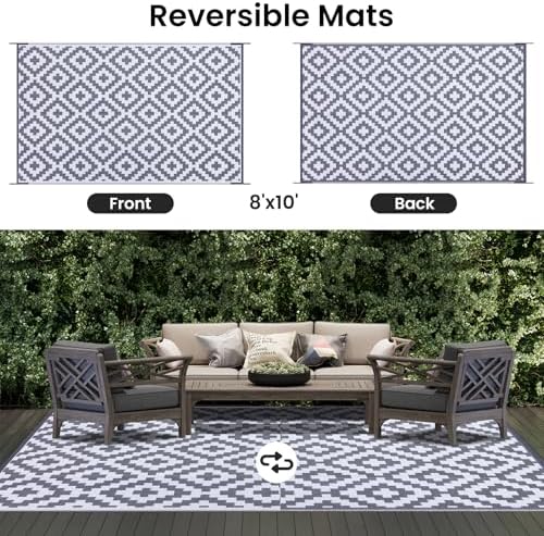 Smiry Outdoor Rug 8x10 ft Waterproof Reversible Boho Mat, White & Grey - Image 3
