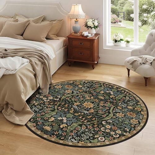 Round Rug 5ft Floral Circle Rug Brown Botanical Indoor Area Rugs - Image 2