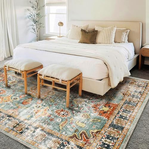 CHAMPLANT Area Rug 10'x14' Washable Vintage Traditional Mat Distressed Indoor Foldable Thin Retro Accent Floral Print Non Slip Carpet for Living Room Dining Room Office - Image 2