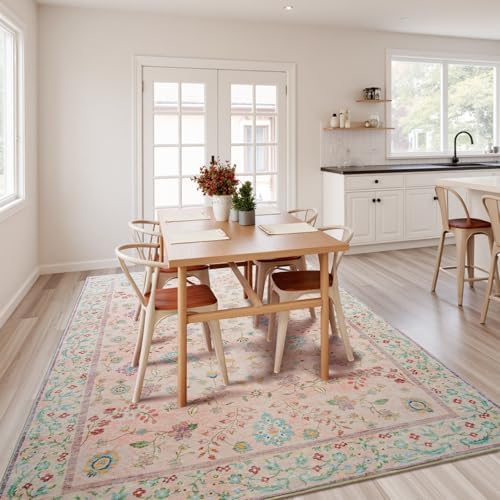 Goideal Pale Pink Rug for Girls Room, 6x9 Floral Washable Area Rug Non Slip, Boho Low Pile Carpet with Rubber Backing for Bedroom Living Room Bathroom Playroom Nursery Office - Image 4
