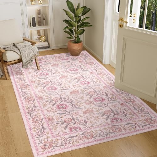DUKINO 4x6 Area Rug, Washable Vintage Floral Rug for Living Room, Pink by DUKINO