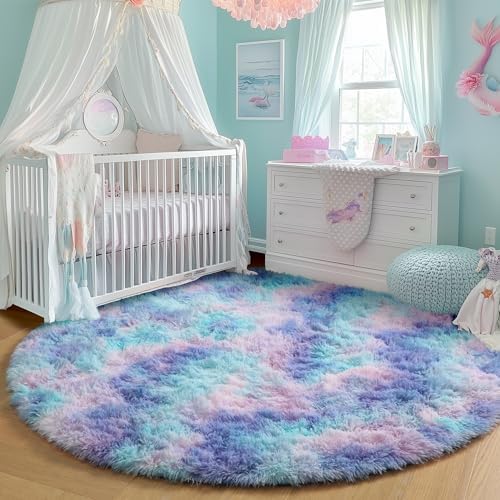 Fluffy Kawaii Round Rug 4Ft for Girls Bedroom, Purple Rainbow Mermaid Rugs - Image 5