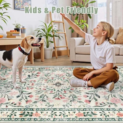 PLHXFR Area Rug 9x12 Living Room: Floral Washable Boho Carpet Green Beige - Image 7