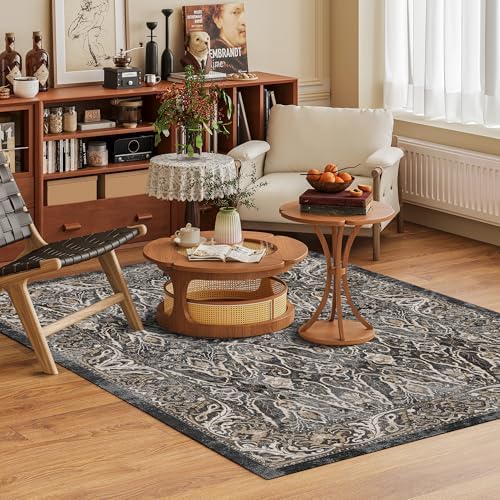 Washable Area Rug 8' x 10' Vintage Traditional Persian Mat - Foldable Distressed Non-Slip Machine Washable Carpet for Living Room Bedroom Kitchen Home Decor - Ebony and Taupe - Image 2