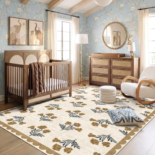 Beige 5x8 Living Room Area Rug - Washable Boho Floral Scalloped Bedroom Rug Stain Resistant Dining Room Rugs for Under Table Non Slip Cottage Farmhouse Rugs for Living Room Nursery Foyer Decor - Image 4