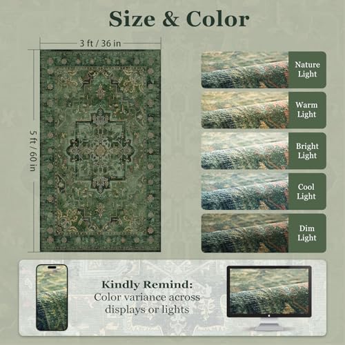 Dark Green Vintage Entryway Rug 3x5, Tranditional Medallion Distressed Throw Rug for Bedroom Bedside, Washable Non Slip Low Pile Small Area Rug for Living Room/Kitchen/Bathroom/Dorm/Closet - Image 2