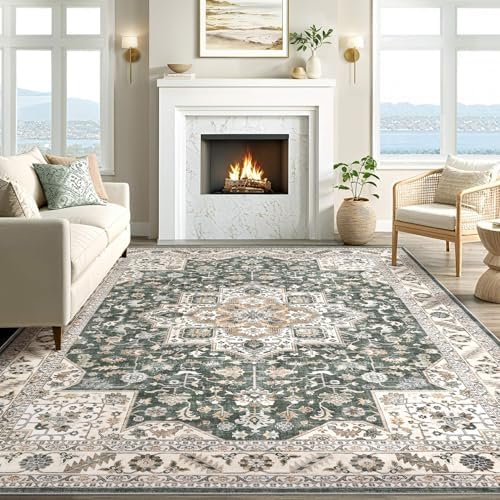 cotiled 9x12 Area Rug for Living Room, Washable, Traditional, Vintage Green - Image 6