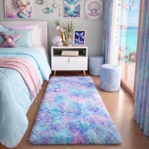 Rainbow Rugs for Bedroom Girls 2x4 Ft, Fluffy Soft Purple Shag Tent Rugs by PAGISOFE