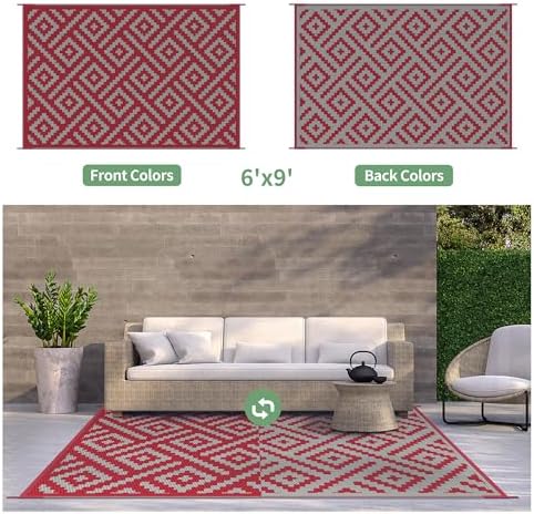 GENIMO Outdoor Rug, Waterproof Plastic Rugs for Patio, 6'x9' Red Grey - Image 3