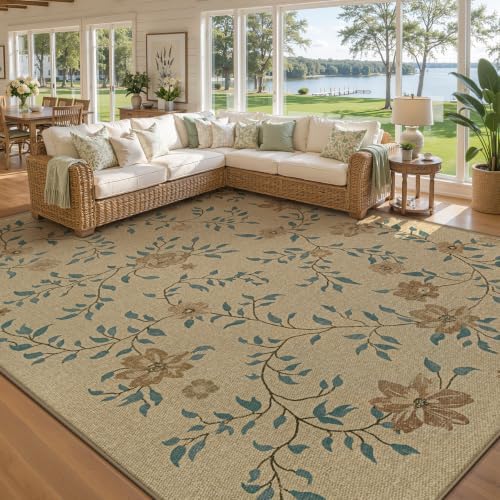 Aoyaomi Easy Jute Rug 9x12 Area Rug: Washable Woven Rug for Living Room Large Floral Area Rug Non-Slip Indoor Outdoor Carpet for Bedroom Farmhouse Dining Room Office Patio (Natural Flower, 9'x12') by AOYAOMI