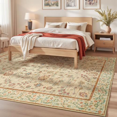Goideal Beige Rug for Girls Room, 5x7 Floral Washable Area Rug Non Slip, Boho Low Pile Carpet with Rubber Backing for Bedroom Living Room Bathroom Playroom Nursery Office - Image 2