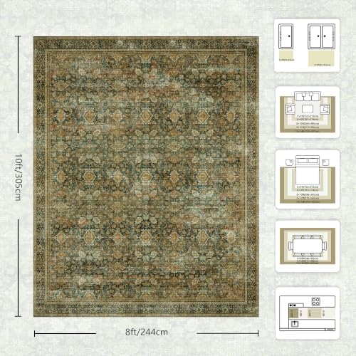 8x10 Area Rugs for Living Room - Washable Vintage Retro Large Rug, Soft Ultra Thin Non Slip Low Pile Traditional Distressed Boho Carpet for Bedroom Dining Room Home Office, Brown Green - Image 2