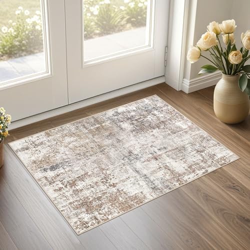 UERMEI 2x3 Area Rug Living Room Rugs - Washable Neutral Modern Abstract Soft Thin Rug Indoor Floor No Slip Rug Carpet for Bedroom Under Dining Table Home Office Decor - Brown/Grey/Red by UERMEI