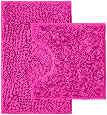 Bathroom Rugs Sets 2 Piece,Super Absorbent Chenille Bath Mats and U-Shaped Toilet Rug,Strong PVC Non Slip Backing,Microfiber Washable Dry Quickly Bath Mats for Bathroom(20"x32"+20"x20"U,Hot Pink) by Unknown