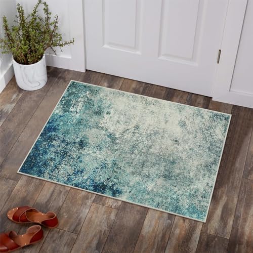 Lahome Modern Abstract Area Rug - Small 2x3 Washable Entryway Rugs Non-Slip Low Pile, Accent Throw Carpet for Kitchen Bath Mats Laundry Front Indoor Doormat,Blue/Grey by Lahome