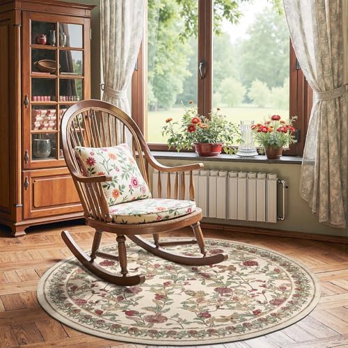 jinchan 5ft Round Rug Floral Vintage Washable Area Rug, Red/Green - Image 4