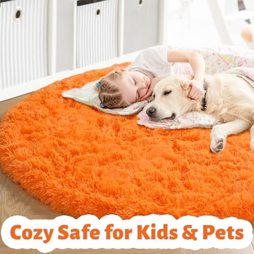 Amdrebio Orange Round Shag Kids Rug 4Ft for Bedroom Living Room Classroom - Image 2