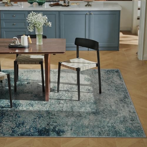 Lahome Modern Abstract Area Rug 5x7 Rugs for Living Room, Washable Accent Bedroom Rug Low Pile Non-Slip, Indoor Floor Contemporary Carpet for Kitchen Bathroom Laundry,Blue/Grey - Image 3