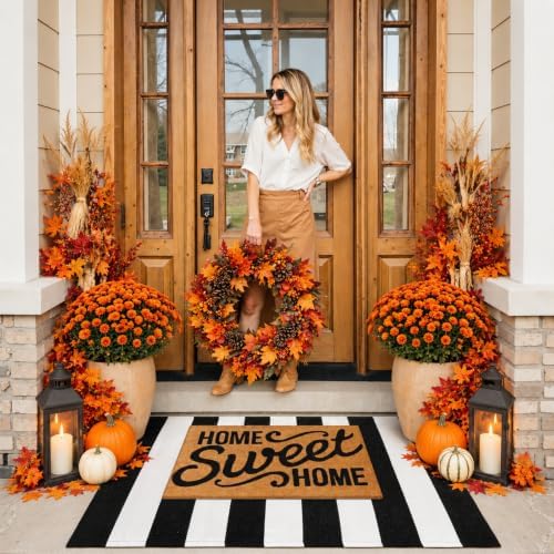 KIMODE Black and White Outdoor Rug Fall Front Door Mats Layered Porch Rug - Image 4
