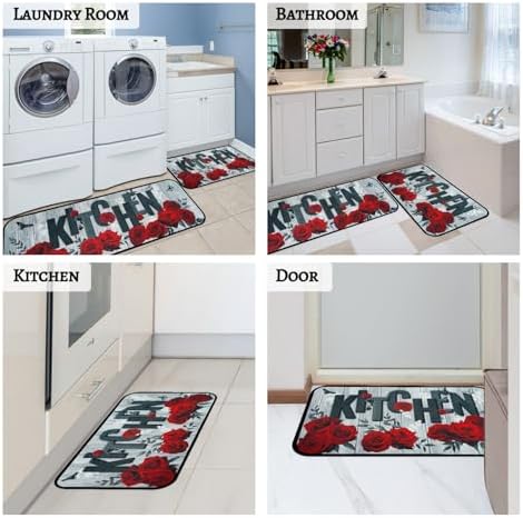 Red Rose Kitchen Rugs Set of 2, Kitchen Decor and Accessories Washable Rug - Image 5