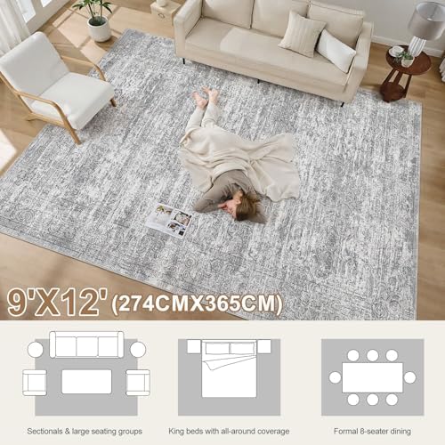 DMOYEST Area Rug Living Room Rugs - 9x12 Abstract Large Soft Indoor Washable Rug Neutral Modern Low Pile Carpet for Bedroom Dining Room Farmhouse Home Office - Vintage Grey - Image 5