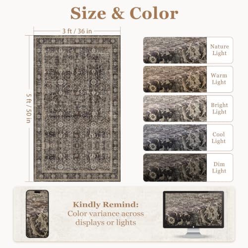 Washable Area Rug 3'x5' Entryway, Vintage MCM, Black/Brown/Beige - Image 2