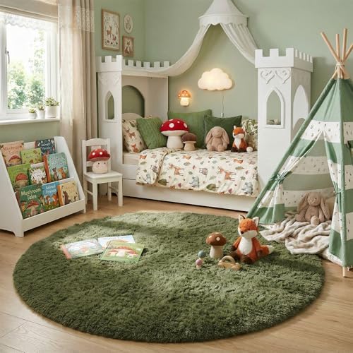Amdrebio Olive Green Shag Round Area Rug 5Ft for Bedroom Nursery Classroom - Image 3