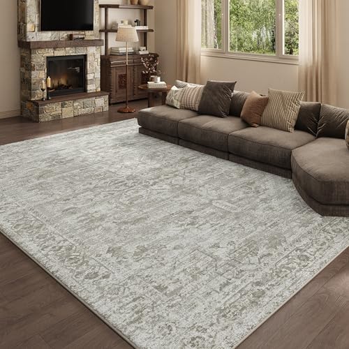 9x12 Beige Brown Washable Area Rug for Living Room, Vintage Print by Unknown
