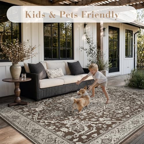 AMOAMI-Outdoor Rug-Patio Rug 5x8 ft Quick Dry Flatweave Textured Machine Washable Outdoor Carpet with Rubber Particles Backing Vintage Outdoor Area Rug for Patio Deck Front Porch Balcony Brown - Image 4
