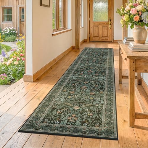 2x10 Long Hallwag Runner Rug 10ft, Washable Dark Green Indoor Floor Mats for Entryway Non Slip, Flower & Botanical Pattern Stain Resistant Carpet by Evyhood