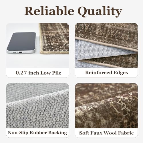 Vintage Brown 5x8 Area Rugs for Living Room, Distressed Earth Tone Dining Room Rug Washable Non Slip, Low Pile Thin Carpet Rugs for Den/Bedroom/Foyer/Home Office, Rich Coffee Brown - Image 5
