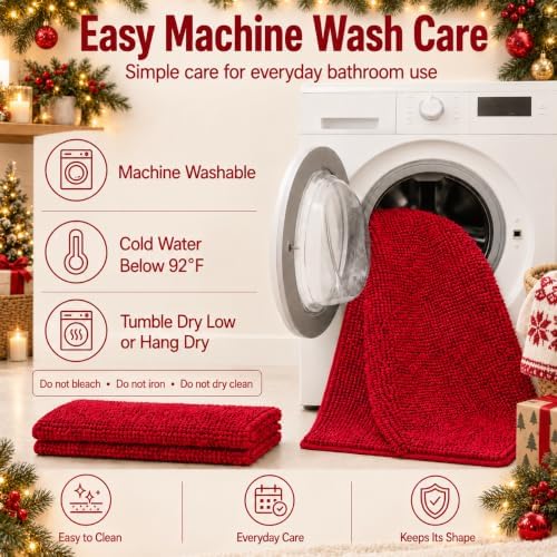 RUN HELIX Bathroom Rugs, Chenille Bath Mat, Non-Slip, Machine Washable Bath Rugs - Ultra Soft Bath Mats, Dries Quickly, Bathroom Rug Set of 2 Red Batroom Mats Set-32x20+24x16 Inch Christmas Rug - Image 4