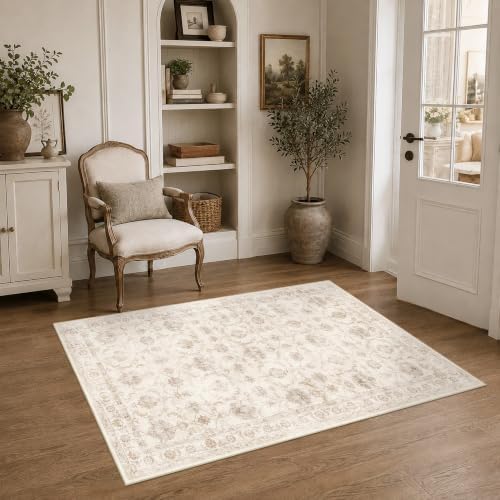 Washable 3x5 Entryway Area Rug Non-Slip Distressed Beige Throw Carpet by HOME