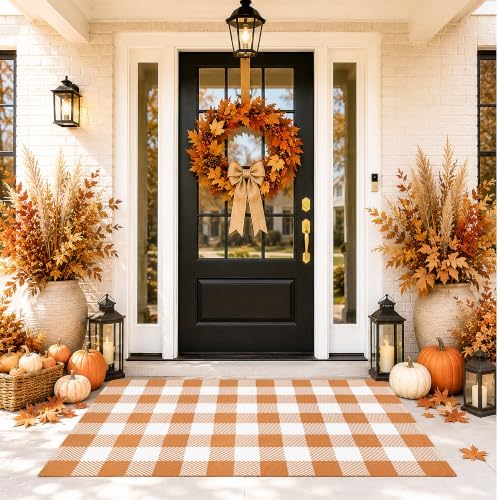 Fall Door Mat Caramel and White Buffalo Plaid Rug 3’x 5’, Washable Layering Rug for Front Door, Entryway, Porch, Farmhouse Decor - Image 2