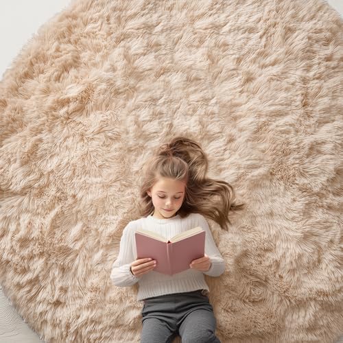OLANLY Beige Round Rugs for Bedroom - Machine Washable, 7 ft Circle Area Rugs for Living Room, Soft and Fluffy Shaggy Carpet for Teen Girls and Boys, Nursery Rooms, Dorms, Home Decor Aesthetic by OLANLY