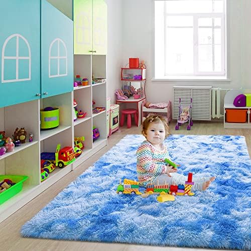 6x9 Large Tie-Dyed Blue Fluffy Soft Area Rug Non-Slip for Kids Bedroom - Image 6