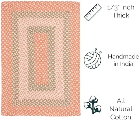 Super Area Rugs 3X5ft Farmhouse Braided Rug - Natural Soft Cotton Carpet for Living Room - Primitive Country Woven Rug - Coral/Green/Ivory - Image 3