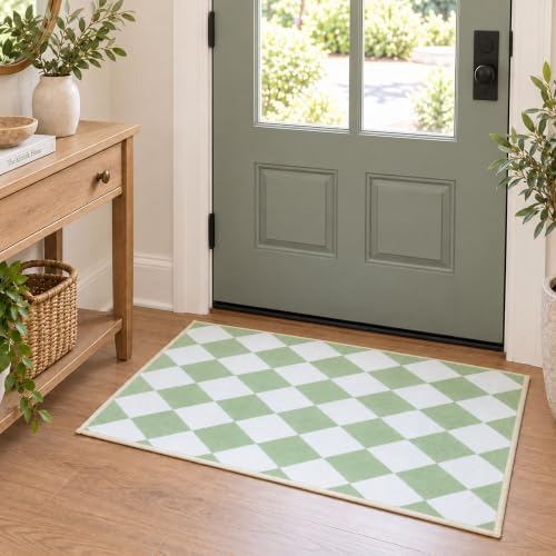 2x3 Checkered Area Rug for Living Room, Soft Low Pile Green Rugs by Unknown