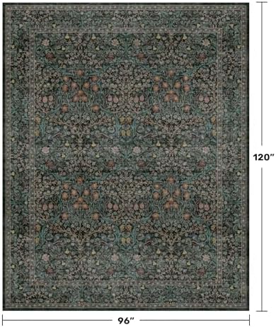 Floral Dark Green Washable Area Rugs 8x10, Vintage Living Room Rug - Image 2
