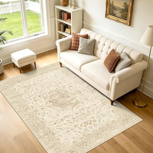 Neutral 4x6 Area Rugs, Beige Vintage Rug for Bedroom, Living Room, Nursery by TTelephant